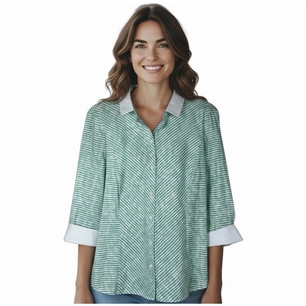 Lafayette 148 New York Button Down Women 16 Green Striped 3/4 Sleeve Shirt